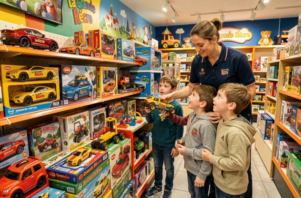 Un employé de La Grande Récré à Lille faisant une démonstration de jouet à des enfants enthousiastes en boutique