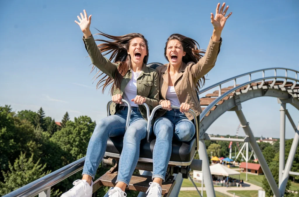 Deux jeunes femmes enthousiastes sur un grand huit dans un parc d'attractions aux environs de Lyon