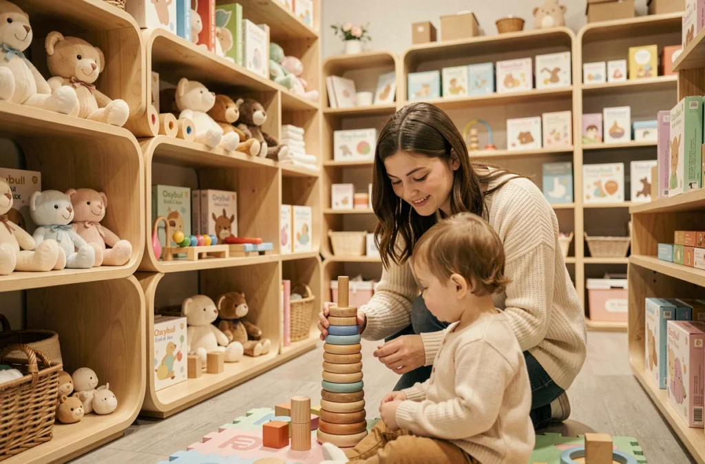 Mère et tout-petit explorant les jouets éducatifs en bois au magasin Oxybul Éveil et Jeux de Lille
