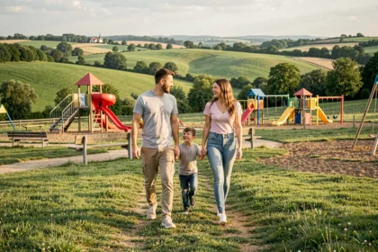 Une famille avec enfants explore un parc de loisirs en plein air en Maine-et-Loire