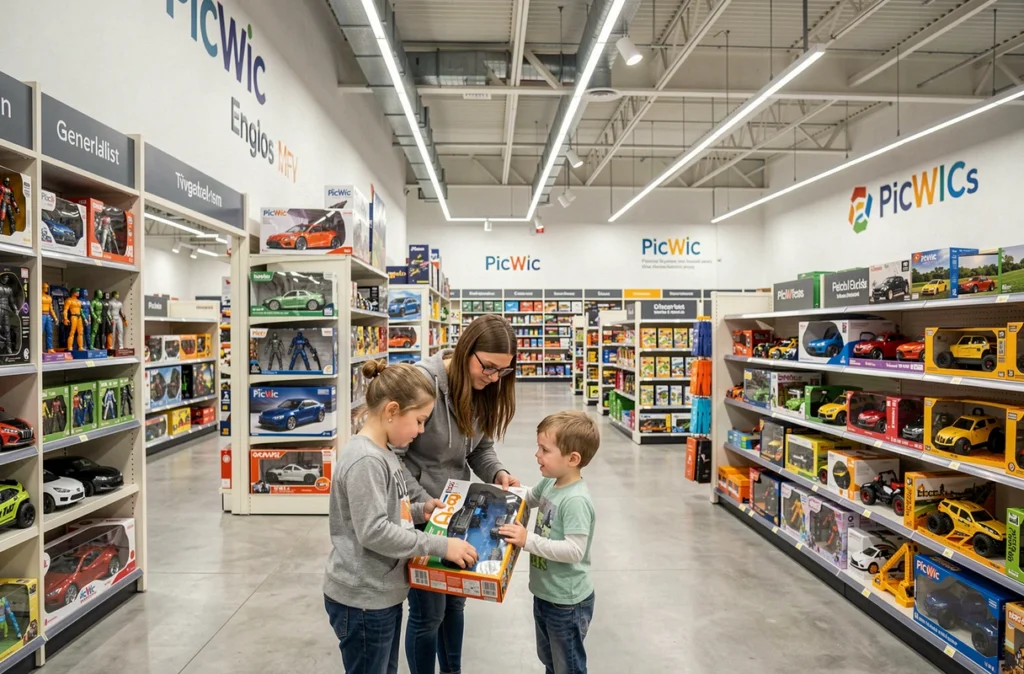 Rayon jouets du magasin PicWic d'Englos avec un parent et un enfant découvrant les produits dans un grand espace commercial
