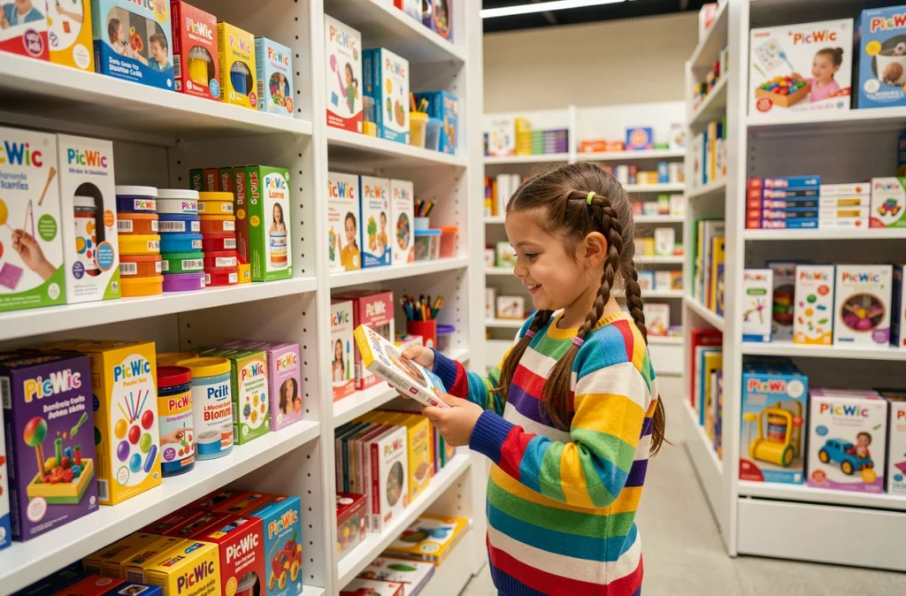 Jeune fille explorant les kits de loisirs créatifs dans le magasin PicWic de Lomme, près de Lille