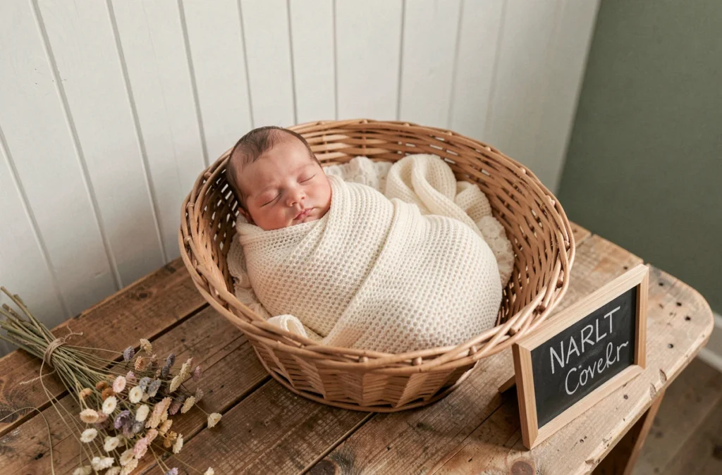 Nouveau-né fille emmaillotée dans une couverture en tricot crème dans un panier en osier, avec une ardoise décorative, dans une chambre de bébé minimaliste illustrant le choix d'un prénom grec pour fille