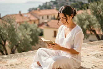 Jeune femme aux traits méditerranéens portant une robe en lin blanc, assise sur une terrasse en pierre avec un fond de village côtier flou, illustrant un prénom grec féminin doux et moderne