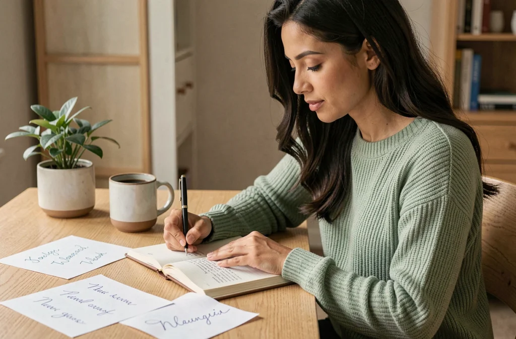 Femme aux cheveux foncés écrivant des prénoms grecs dans un journal à la plume calligraphique, assise à un bureau en bois clair dans un bureau à domicile cosy, illustrant la recherche d'un prénom grec féminin doux