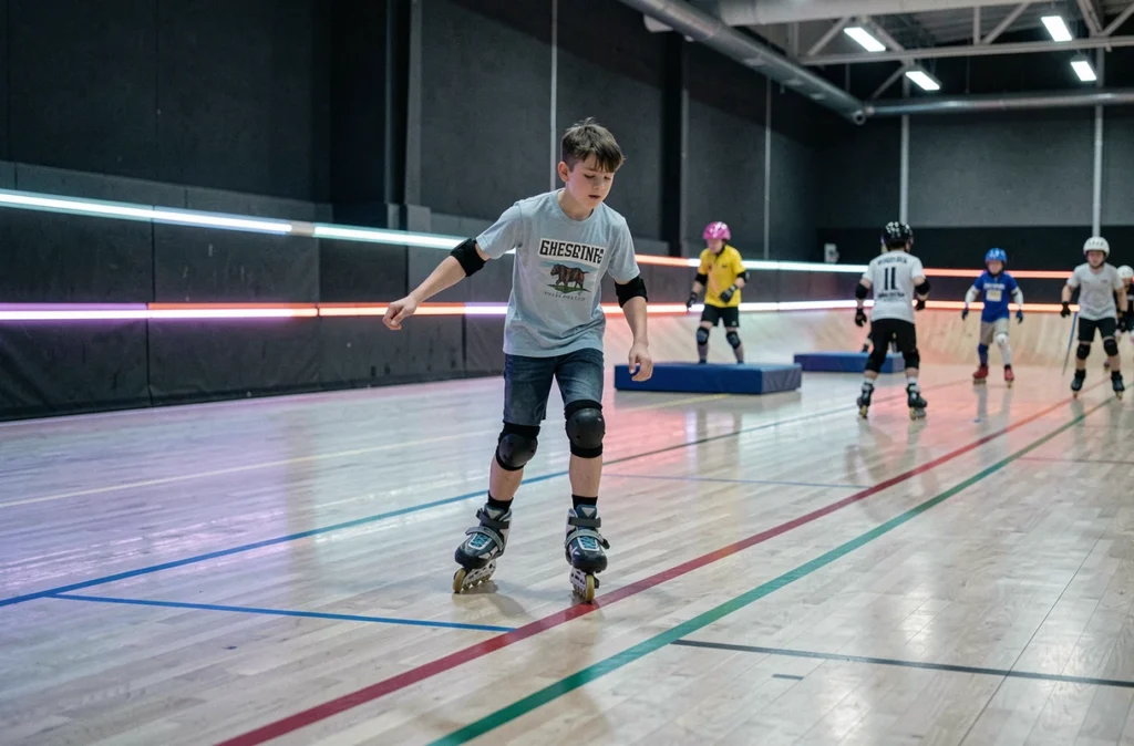 Adolescent pratiquant le roller indoor sur la piste de Sky Roller