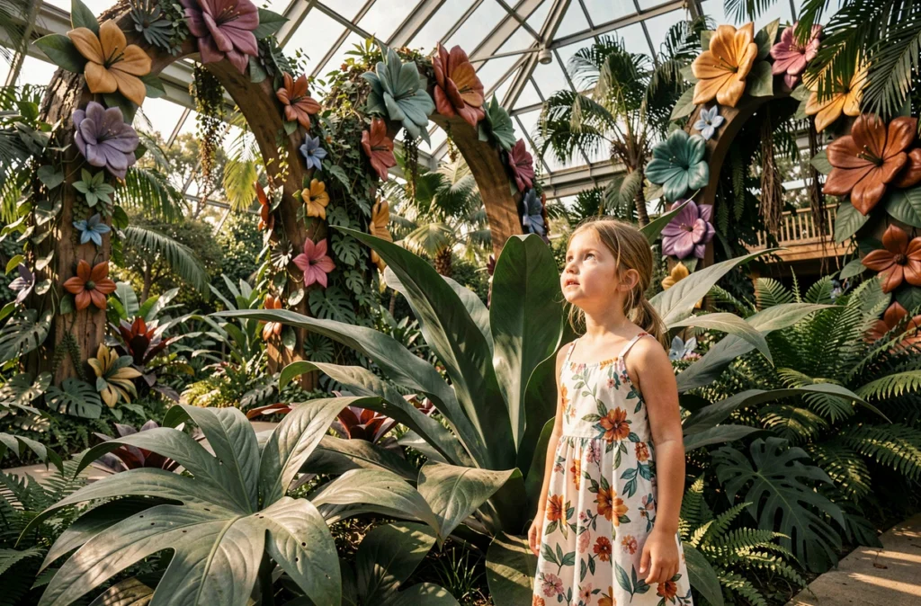 Une fillette émerveillée devant les installations végétales spectaculaires de Terra Botanica à Angers