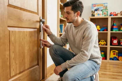 Parent installant une porte anti pince doigt dans une salle de jeux pour enfants à la maison