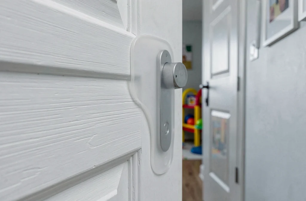 Gros plan sur un protège-doigt en silicone installé sur la charnière d'une porte intérieure pour sécuriser les enfants